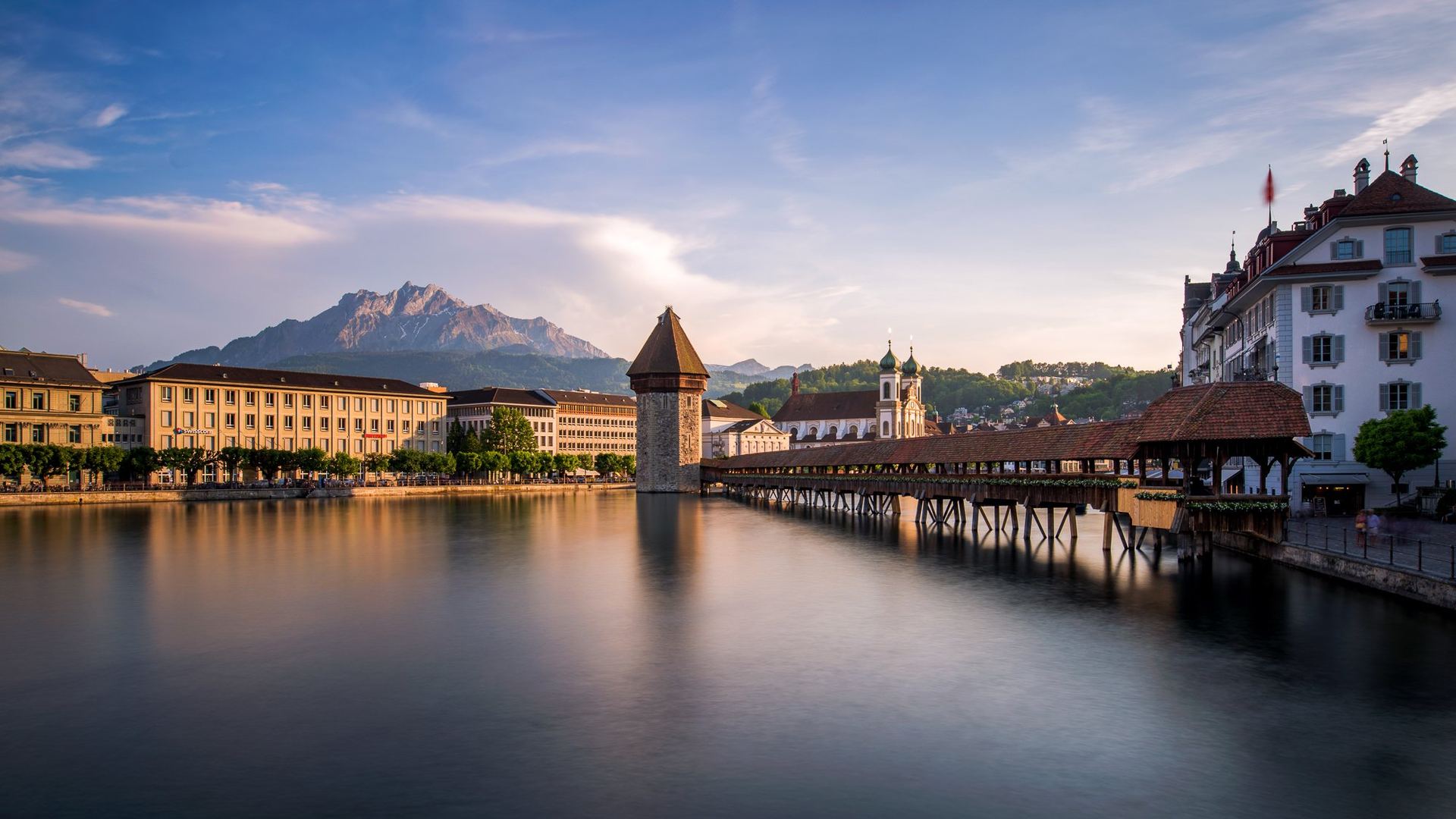 Lucerne's Chapel Bridge over the Reuss at sunset